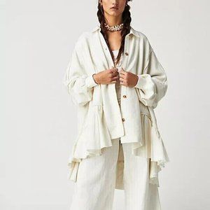Free People Buttondown Sweatshirt Top Oversized Ruffle Collared Cotton S